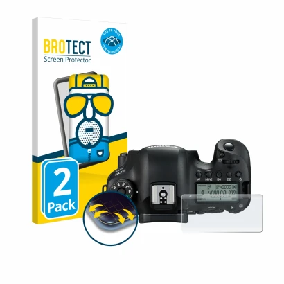 Vorderseite einer Produktverpackung mit dem Markenlogo BROTECT. Daneben ist das Gerät Canon EOS 6D (Schulterdisplay) mit dem z