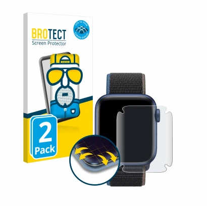 Vorderseite einer Produktverpackung mit dem Markenlogo BROTECT. Daneben ist das Gerät Apple Watch Series 6 (44 mm) mit dem zug