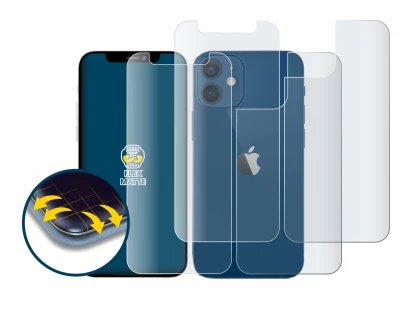 Abbildung des Geräts Apple iPhone 12 mini (Display+Rückseite) mit einer Vielzahl des Displayschutzes.