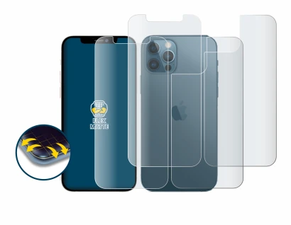 Abbildung des Geräts Apple iPhone 12 Pro (Display+Rückseite) mit einer Vielzahl des Displayschutzes.