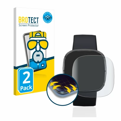 Vorderseite einer Produktverpackung mit dem Markenlogo BROTECT. Daneben ist das Gerät Fitbit Sense mit dem zugehörigen Display