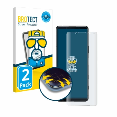 Vorderseite einer Produktverpackung mit dem Markenlogo BROTECT. Daneben ist das Gerät Sony Xperia 5 II mit dem zugehörigen Dis