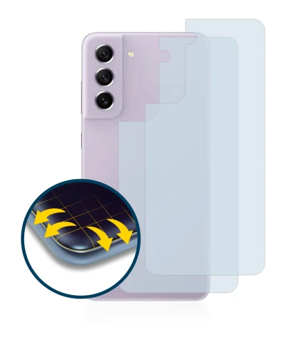 Abbildung des Geräts Samsung Galaxy S21 FE 5G (Rückseite) mit einer Vielzahl des Displayschutzes.