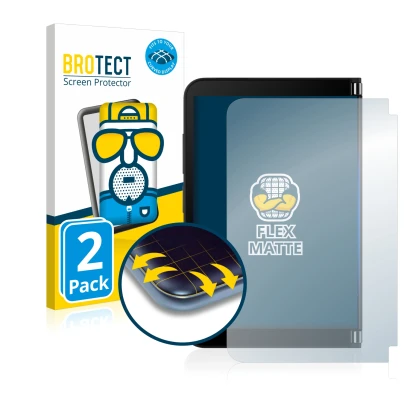 Vorderseite einer Produktverpackung mit dem Markenlogo BROTECT. Daneben ist das Gerät Microsoft Surface Duo 2 (Äußeres Display