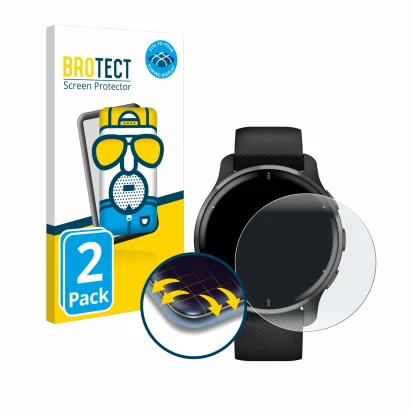 Vorderseite einer Produktverpackung mit dem Markenlogo BROTECT. Daneben ist das Gerät Garmin Venu 2 Plus mit dem zugehörigen D