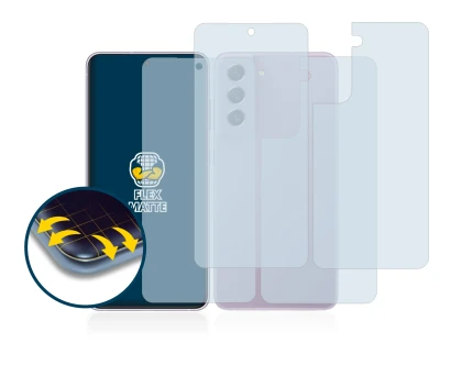 Abbildung des Geräts Samsung Galaxy S21 FE 5G (Display+Rückseite) mit einer Vielzahl des Displayschutzes.