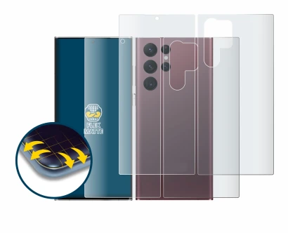 Abbildung des Geräts Samsung Galaxy S22 Ultra 5G (Display+Rückseite) mit einer Vielzahl des Displayschutzes.