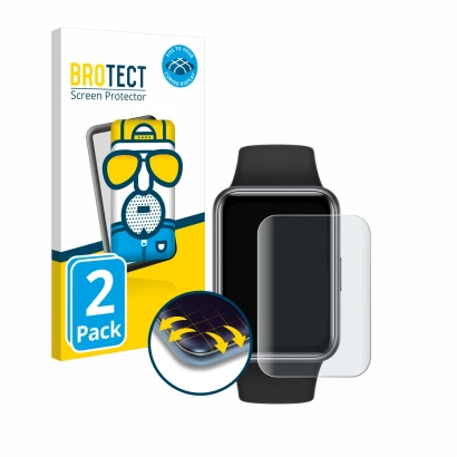 Vorderseite einer Produktverpackung mit dem Markenlogo BROTECT. Daneben ist das Gerät Huawei Watch Fit 2 mit dem zugehörigen D