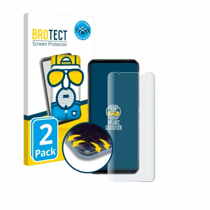 Vorderseite einer Produktverpackung mit dem Markenlogo BROTECT. Daneben ist das Gerät ASUS ROG Phone 6 Pro mit dem zugehörigen