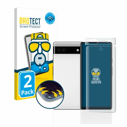 Vorderseite einer Produktverpackung mit dem Markenlogo BROTECT. Daneben ist das Gerät Google Pixel 6a (Display+Kamera) mit dem