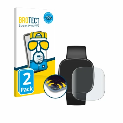 Vorderseite einer Produktverpackung mit dem Markenlogo BROTECT. Daneben ist das Gerät Fitbit Versa 4 mit dem zugehörigen Displ