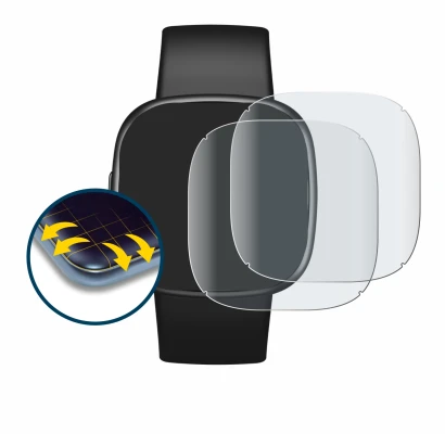 Abbildung des Geräts Fitbit Versa 4 mit einer Vielzahl des Displayschutzes.