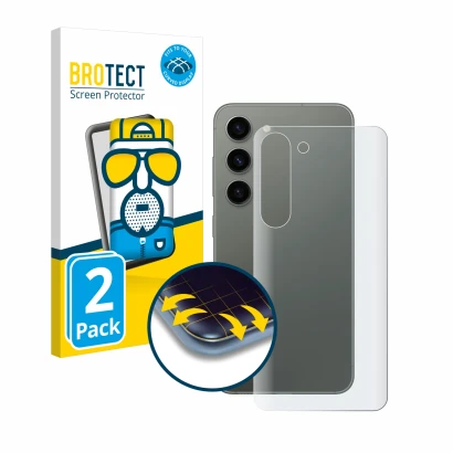Vorderseite einer Produktverpackung mit dem Markenlogo BROTECT. Daneben ist das Gerät Samsung Galaxy S23 (Rückseite) mit dem z