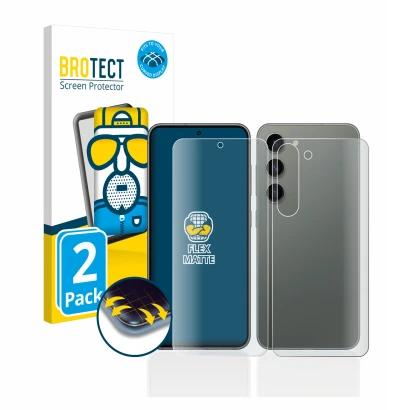 Vorderseite einer Produktverpackung mit dem Markenlogo BROTECT. Daneben ist das Gerät Samsung Galaxy S23 (Display+Rückseite) m