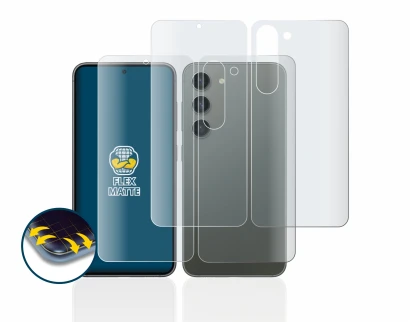 Abbildung des Geräts Samsung Galaxy S23 (Display+Rückseite) mit einer Vielzahl des Displayschutzes.