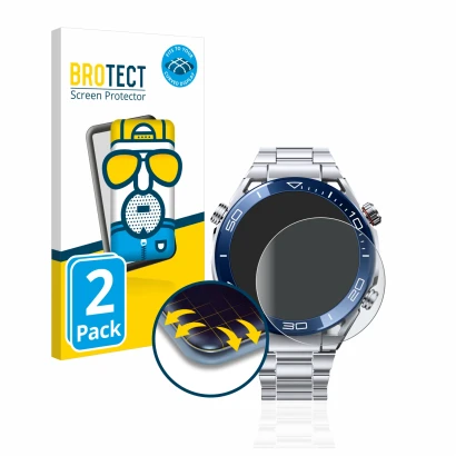 Vorderseite einer Produktverpackung mit dem Markenlogo BROTECT. Daneben ist das Gerät Huawei Watch Ultimate (48.5 mm) mit dem