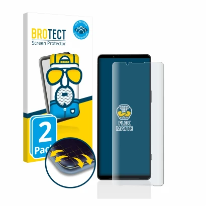 Vorderseite einer Produktverpackung mit dem Markenlogo BROTECT. Daneben ist das Gerät Sony Xperia 1 V mit dem zugehörigen Disp