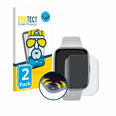 Vorderseite einer Produktverpackung mit dem Markenlogo BROTECT. Daneben ist das Gerät Xiaomi Redmi Watch 3 Active mit dem zuge