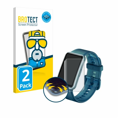 Vorderseite einer Produktverpackung mit dem Markenlogo BROTECT. Daneben ist das Gerät Huawei Watch Fit Special Edition mit dem