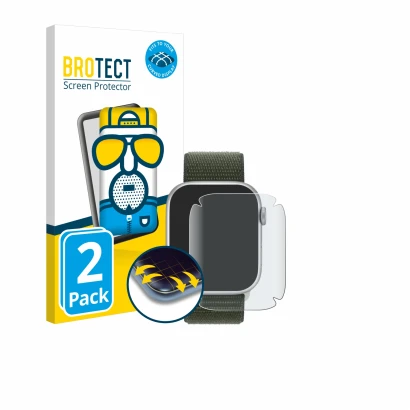 Vorderseite einer Produktverpackung mit dem Markenlogo BROTECT. Daneben ist das Gerät Apple Watch Series 9 (41 mm) mit dem zug