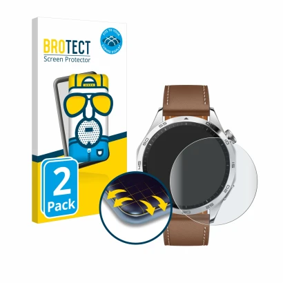 Vorderseite einer Produktverpackung mit dem Markenlogo BROTECT. Daneben ist das Gerät Huawei Watch GT 4 (46mm) mit dem zugehör
