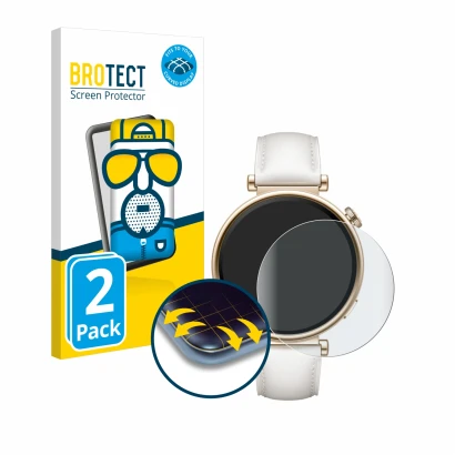 Vorderseite einer Produktverpackung mit dem Markenlogo BROTECT. Daneben ist das Gerät Huawei Watch GT 4 (41mm) mit dem zugehör