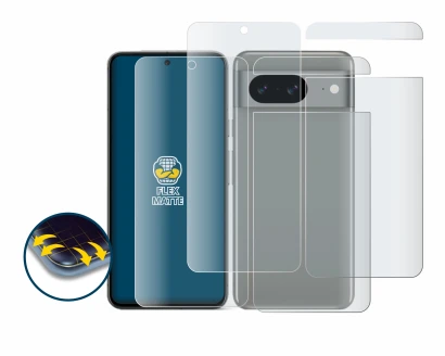 Abbildung des Geräts Google Pixel 8 (Display+Rückseite) mit einer Vielzahl des Displayschutzes.