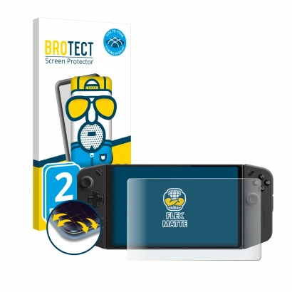 Vorderseite einer Produktverpackung mit dem Markenlogo BROTECT. Daneben ist das Gerät Lenovo Legion Go mit dem zugehörigen Dis