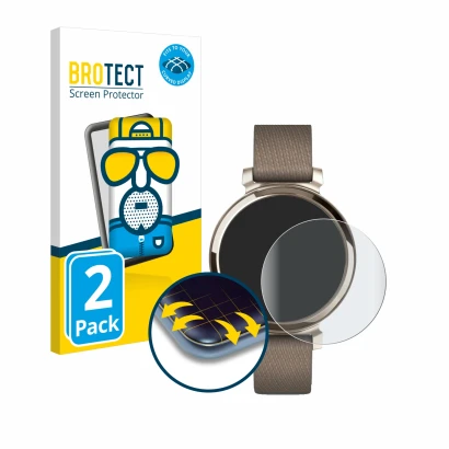 Vorderseite einer Produktverpackung mit dem Markenlogo BROTECT. Daneben ist das Gerät Garmin Lily 2 mit dem zugehörigen Displa