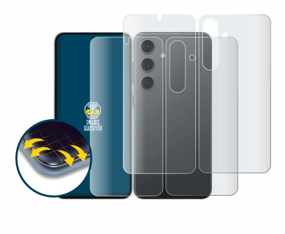 Abbildung des Geräts Samsung Galaxy S24 (Display+Rückseite) mit einer Vielzahl des Displayschutzes.