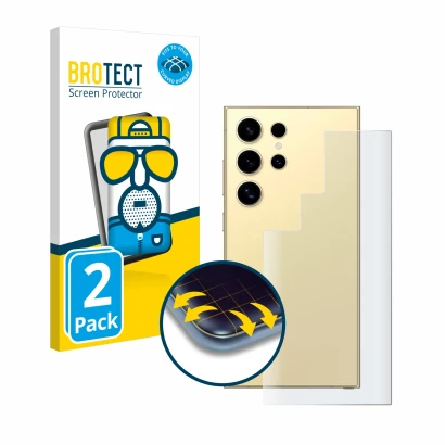 Vorderseite einer Produktverpackung mit dem Markenlogo BROTECT. Daneben ist das Gerät Samsung Galaxy S24 Ultra (Rückseite) mit