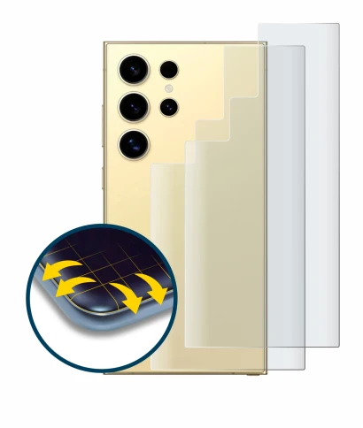 Abbildung des Geräts Samsung Galaxy S24 Ultra (Rückseite) mit einer Vielzahl des Displayschutzes.
