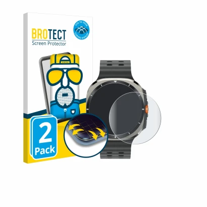 Vorderseite einer Produktverpackung mit dem Markenlogo BROTECT. Daneben ist das Gerät Samsung Galaxy Watch Ultra (47 mm) mit d