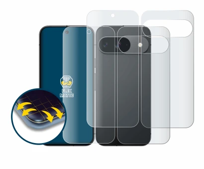 Abbildung des Geräts Google Pixel 9 (Display+Rückseite) mit einer Vielzahl des Displayschutzes.