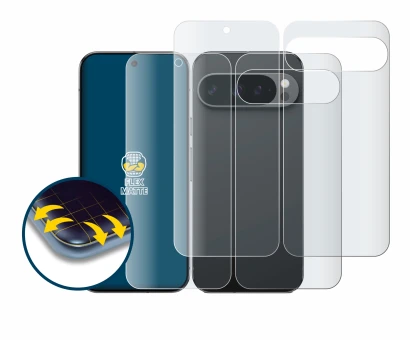 Abbildung des Geräts Google Pixel 9 Pro XL (Display+Rückseite) mit einer Vielzahl des Displayschutzes.