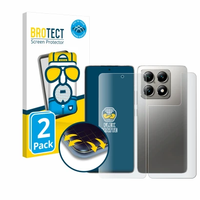 Vorderseite einer Produktverpackung mit dem Markenlogo BROTECT. Daneben ist das Gerät Xiaomi 14T Pro (Display+Rückseite) mit d