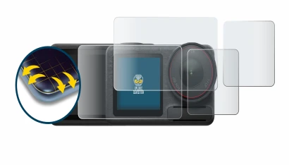 Abbildung des Geräts DJI Osmo Action 5 Pro mit einer Vielzahl des Displayschutzes.