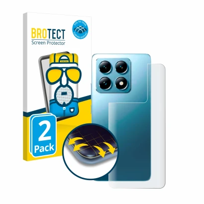 Vorderseite einer Produktverpackung mit dem Markenlogo BROTECT. Daneben ist das Gerät Xiaomi 14T (Rückseite) mit dem zugehörig