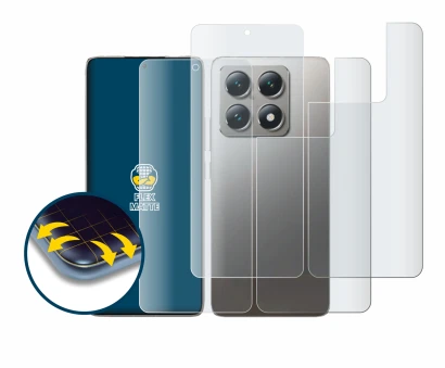 Abbildung des Geräts Xiaomi 14T (Display+Rückseite) mit einer Vielzahl des Displayschutzes.