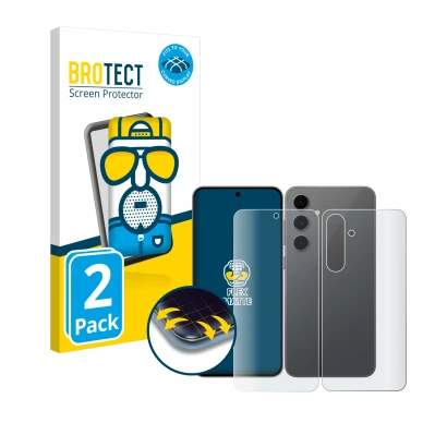 Vorderseite einer Produktverpackung mit dem Markenlogo BROTECT. Daneben ist das Gerät Samsung Galaxy S24 FE (Display+Rückseite