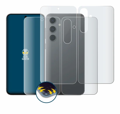 Abbildung des Geräts Samsung Galaxy S24 FE (Display+Rückseite) mit einer Vielzahl des Displayschutzes.