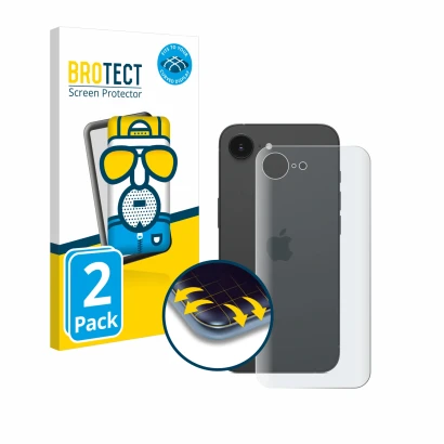Vorderseite einer Produktverpackung mit dem Markenlogo BROTECT. Daneben ist das Gerät Apple iPhone 16e (Rückseite) mit dem zug