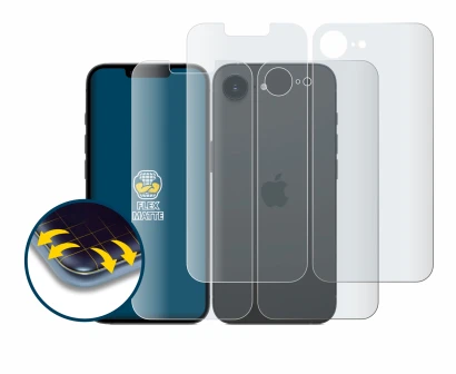 Abbildung des Geräts Apple iPhone 16e (Display+Rückseite) mit einer Vielzahl des Displayschutzes.