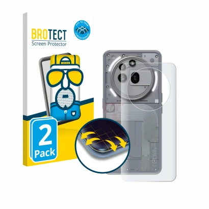 Vorderseite einer Produktverpackung mit dem Markenlogo BROTECT. Daneben ist das Gerät Nothing Phone (3a) Pro (Rückseite) mit d