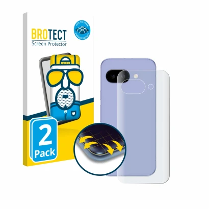 Vorderseite einer Produktverpackung mit dem Markenlogo BROTECT. Daneben ist das Gerät Google Pixel 9a (Rückseite) mit dem zuge