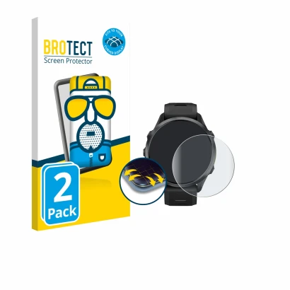 Vorderseite einer Produktverpackung mit dem Markenlogo BROTECT. Daneben ist das Gerät Garmin Forerunner 970 mit dem zugehörige