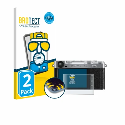 Vorderseite einer Produktverpackung mit dem Markenlogo BROTECT. Daneben ist das Gerät Fujifilm X-E5 mit dem zugehörigen Displa