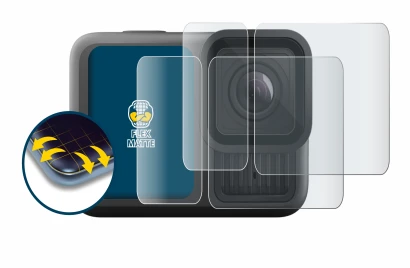 Abbildung des Geräts GoPro Hero 13 Black Ultra Wide Edition mit einer Vielzahl des Displayschutzes.