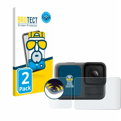 Vorderseite einer Produktverpackung mit dem Markenlogo BROTECT. Daneben ist das Gerät GoPro Hero 13 Black Creator Edition mit 