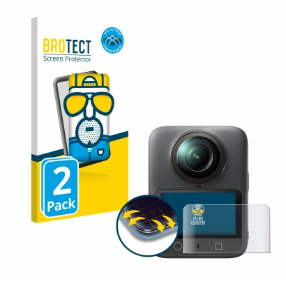 Vorderseite einer Produktverpackung mit dem Markenlogo BROTECT. Daneben ist das Gerät DJI Osmo 360 mit dem zugehörigen Display